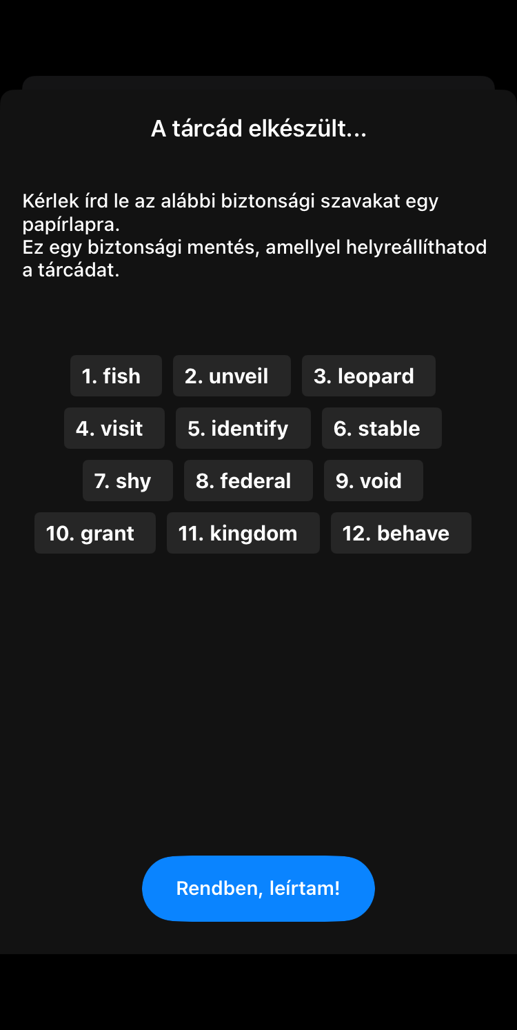 Seed phrase megjelenítése